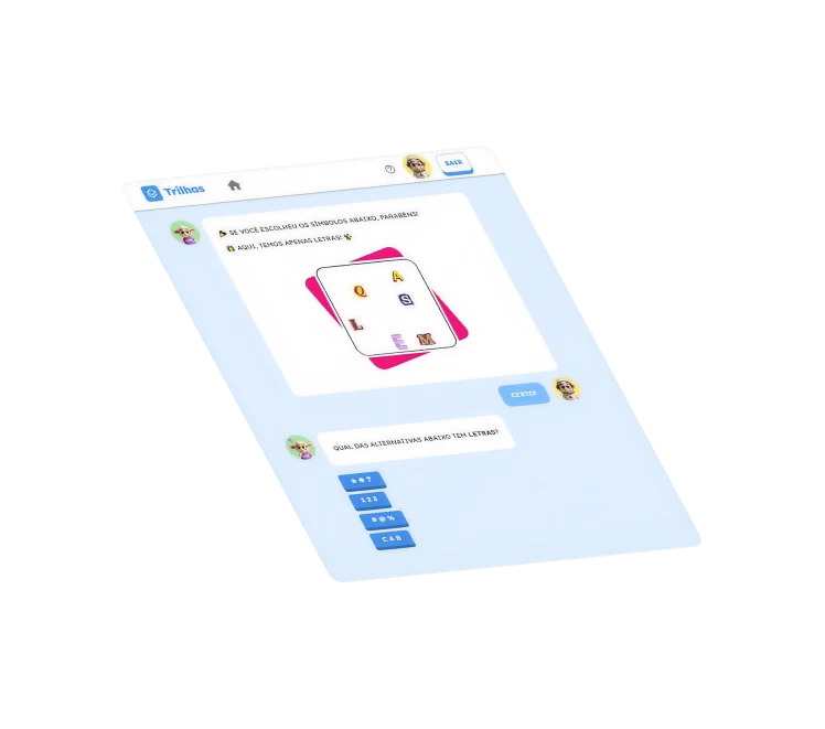 Tela do app Trilhas com uma atividade de aprendizagem em andamento